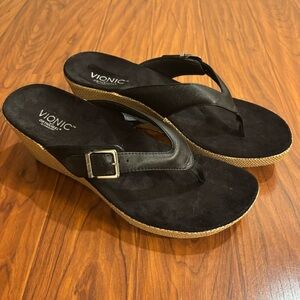 Vionic Polina Black and Brown Leather Wedge Thong Sandals Size 11